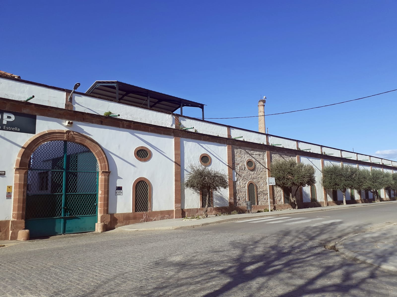 Fachada blanca con arco de piedra y portón verde de la Cooperativa Olivarera Virgen de la Estrella, con olivos junto a la pared y una chimenea de ladrillo al fondo.