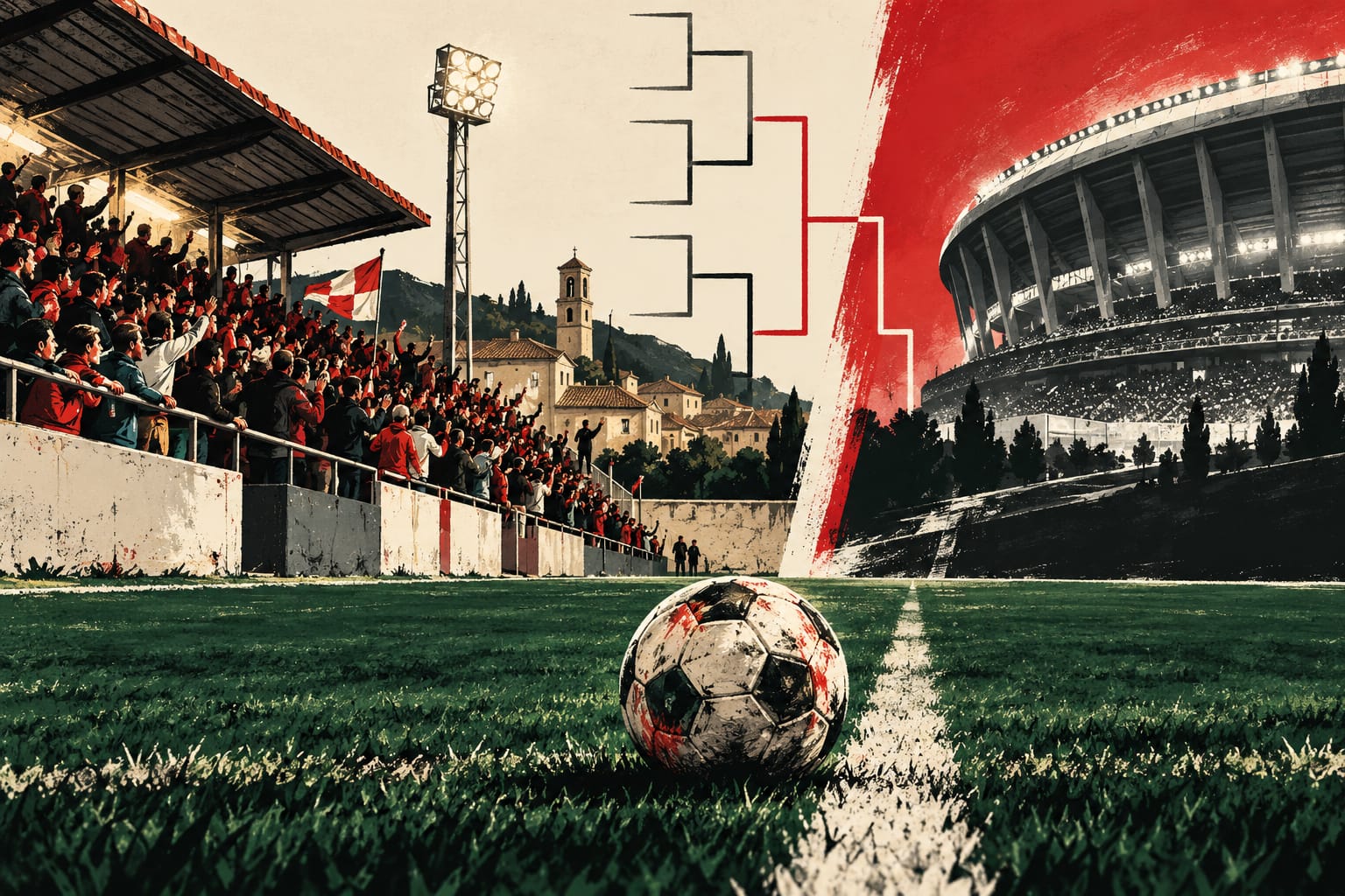 Ilustración de un campo de fútbol local conectado mediante un cuadro de eliminatorias con un gran estadio.