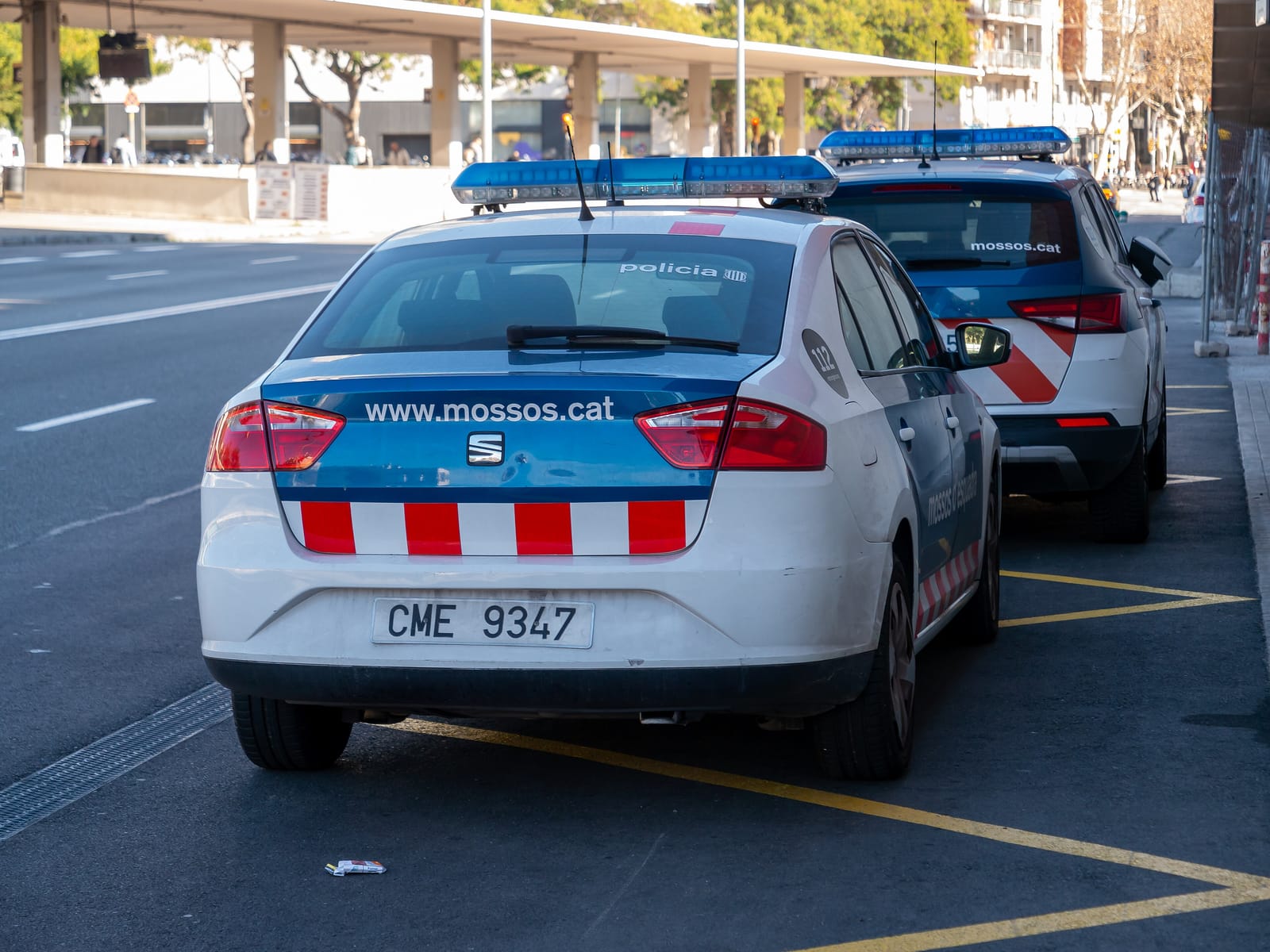 Dos coches patrulla de los Mossos d'Esquadra aparcados en una avenida de Barcelona.