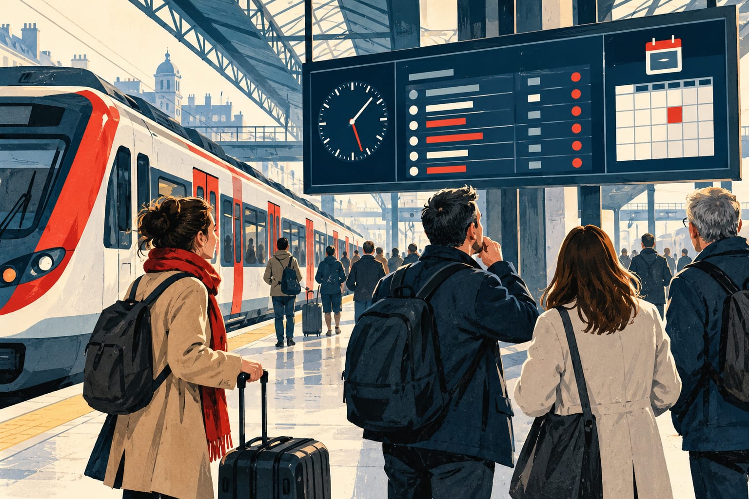 Ilustración de viajeros ante un tren y un panel de horarios en una estación.