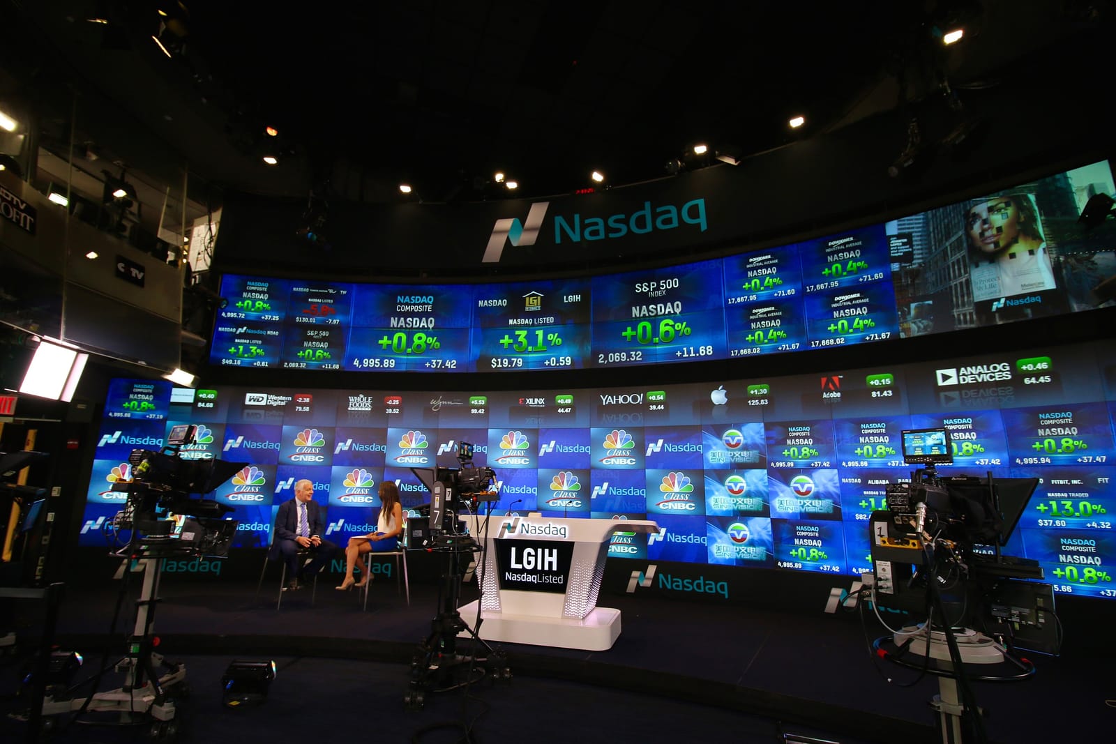 Plató del Nasdaq MarketSite en Nueva York, con un gran videowall de cotizaciones y cámaras de televisión.